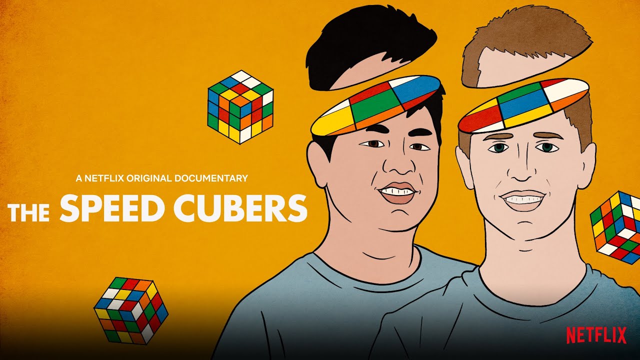 Affiche du documentaire La vitesse au cube. On voit deux garçons sous forme de dessins animés avec 3 cubes Rubiks en arrière plan.
