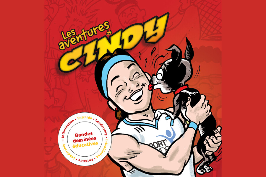 Couverture de Les Aventures de Cindy : on y voit dessiné Cindy Ouellet qui sourit alors que sa chienne Molly lui lèche la joue.