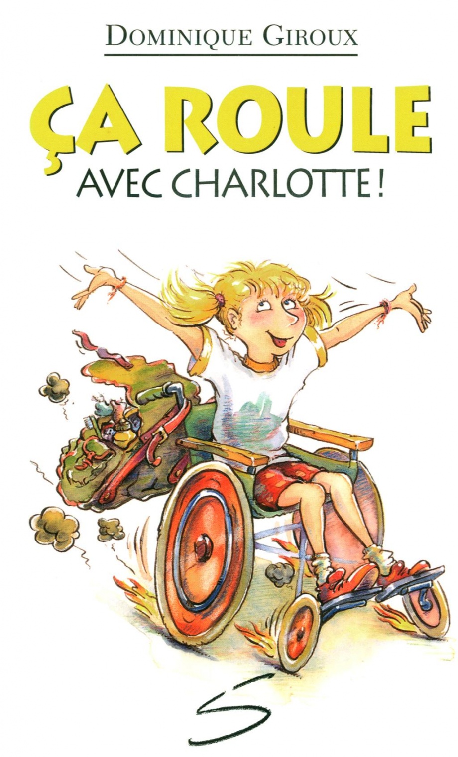 Description de l'image : Charlotte, en fauteuil roulant, dévale une côte, souriante et les bras dans les airs. En haut d'elle, on lit le titre : "Ça roule avec Charlotte!"